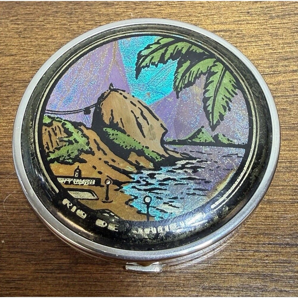 Vintage Rio de Janeiro Butterfly Wing Landscape Mirror Compact Stamped Brazil - Picture 2 of 7